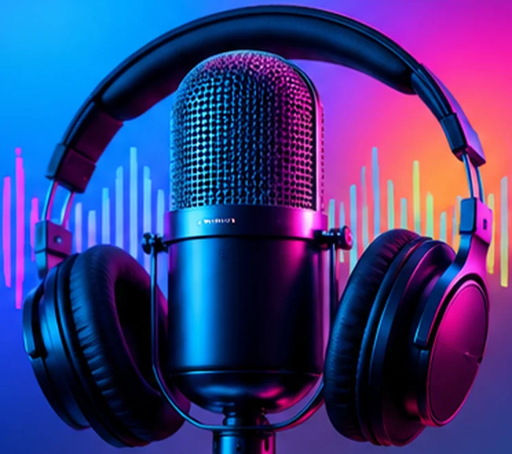 Neon-lit microphone surrounded by headphones